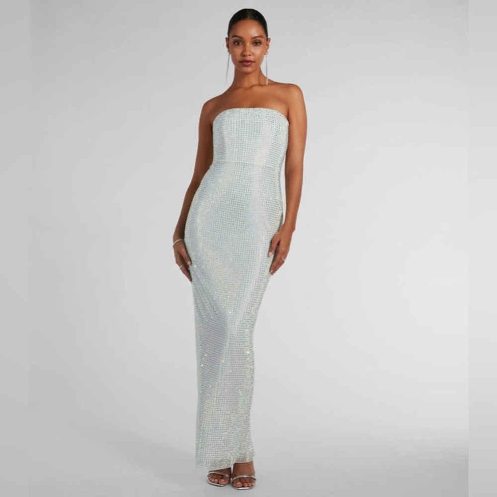 Windsor White Brittney Strapless Rhinestone Long Formal Dress